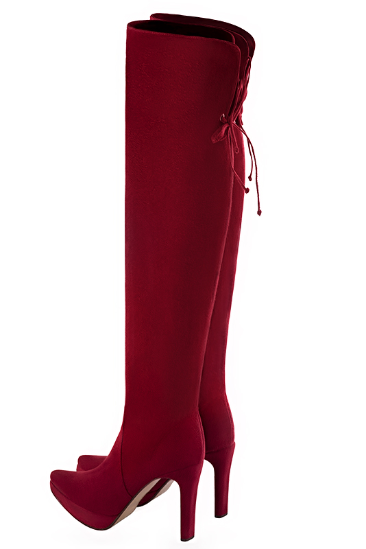Burgundy red women's leather thigh-high boots. Tapered toe. Very high slim heel with a platform at the front. Made to measure. Rear view - Florence KOOIJMAN